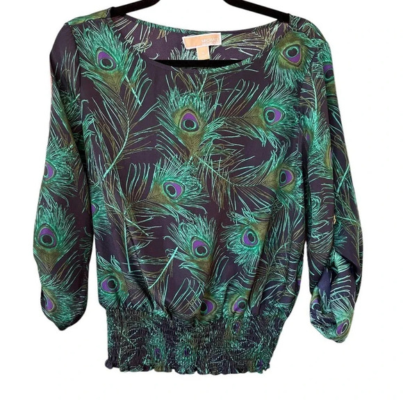 MICHAEL Michael Kors Peacock Print Blouse Ruched Waist Strappy Arms Size Medium - Picture 1 of 9